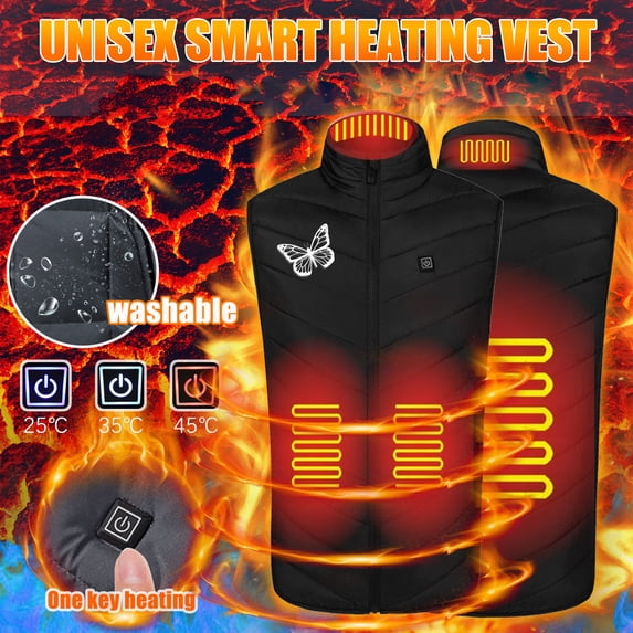 Lilgiuy Unisex Heated Vest USB Intelligent Constant Temperature Heated Windproof Plus Size Butterfly Print Coat Winter 4 Heated Jacket Coat Black (S-XL)