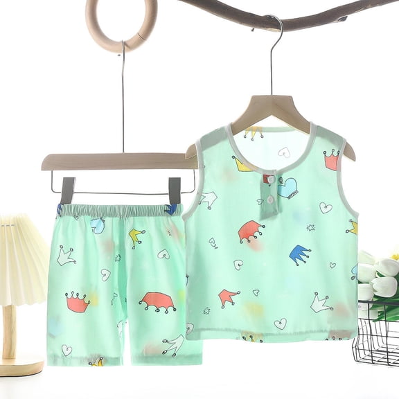 Lilgiuy Unisex Kids Boys and Girls Pajama Sets Summer Solid Color Cartoon Print Sleeveless with Shorts Sleepwear Pullover Loungewear for Bedtime(Green,9-18 Month)