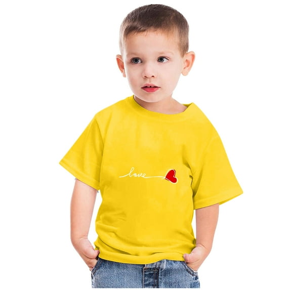 Lilgiuy Valentine's Day Shirts Toddler Boys Girls Valentine Letter Print Heart Graphic T-Shirt Casual Short Sleeve Crewneck Tee Tops for Running Tennis (Yellow)