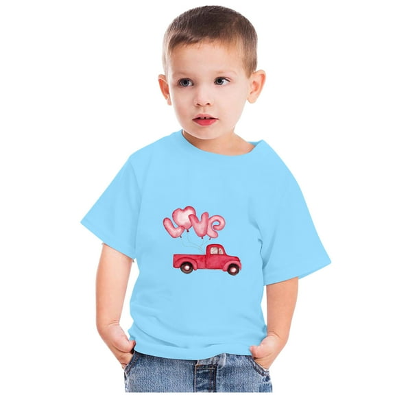 Lilgiuy Valentine's Day Shirts Toddler Boys Girls Valentine Love Letter Print Truck Graphic T-Shirt Casual Short Sleeve Crewneck Tee Tops Birthday Gift (Blue)
