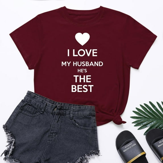 Lilgiuy Valentine's Day Shirts for Women's I LOVE MY HUSBAND HE'S THE BEST Letter Print Graphic Tees Short Sleeve Tops Casual Summer T Shirt for Sport Exercise