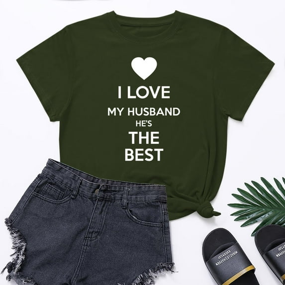 Lilgiuy Valentine's Day Shirts for Women's I LOVE MY HUSBAND HE'S THE BEST Letter Print Graphic Tees Short Sleeve Tops Casual Summer T Shirt for Work Office Business
