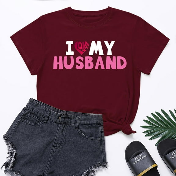 Lilgiuy Valentines Day Gifts Womens Valentine Round Neck Shirt Fun I LOVE MY HUSBAND Letter Print Short Sleeve Tee Family Holiday T-Shirt Blouse for Beach Hawaiian