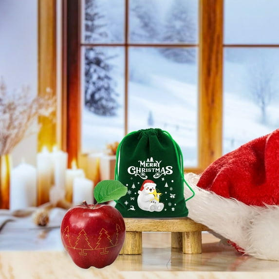 Lilgiuy Velvet Drawstring Apples Gift Bags Drawstring Pouches with Santa Snowman Penguin Design, Candy Treat Bags for Wedding Gift Christmas Holiday Party Favor (Green)