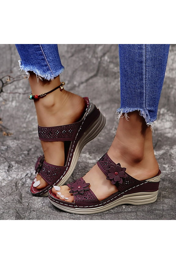 Vintage Flowers Slippers Platform Wedge Sandals for Women Open Toe Slip on Summer Wedge Heels Casual Slide Sandals Clearance for Easter Day Saint Patrick's Day(Purple,6)