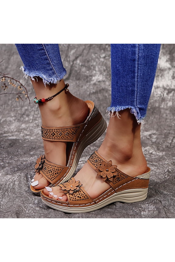 Vintage Flowers Slippers Platform Wedge Sandals for Women Open Toe Slip on Summer Wedge Heels Casual Slide Sandals Clearance Streetwear(Brown,5.5)