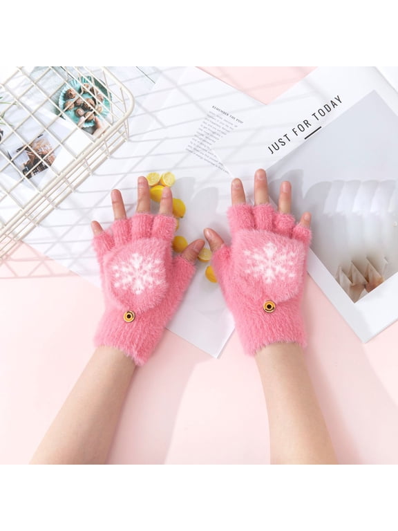 Winter Snowflake Fingerless Gloves for Women Girls, 2024 Cute Fuzzy Snowflake Winter Warm Mitten, Thick and Comfortable in Cold Winter for Texting, Typing, Writing, Pink