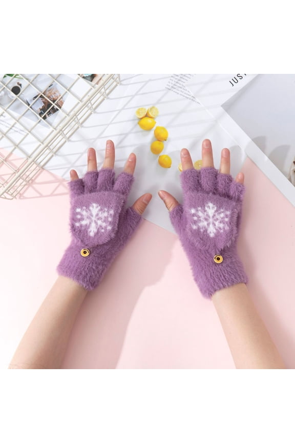 Winter Snowflake Fingerless Gloves for Women Girls, 2024 Cute Fuzzy Snowflake Winter Warm Mitten, Thick and Comfortable in Cold Winter for Texting, Typing, Writing, Purple