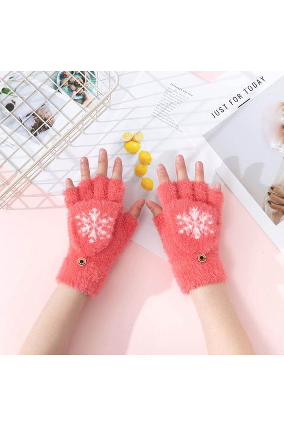 Winter Snowflake Fingerless Gloves for Women Girls, 2024 Cute Fuzzy Snowflake Winter Warm Mitten, Thick and Comfortable in Cold Winter for Texting, Typing, Writing, Red