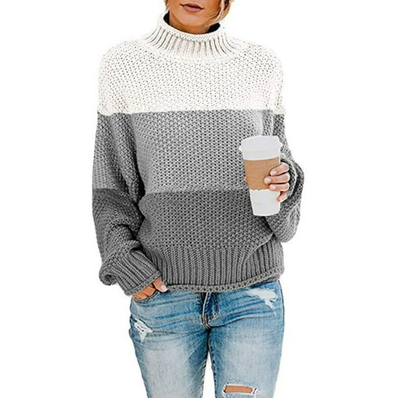 Lilgiuy Winter Women Knit Color Matching Round Neck Loose Casual Sweater Tops for Party Club Birthday
