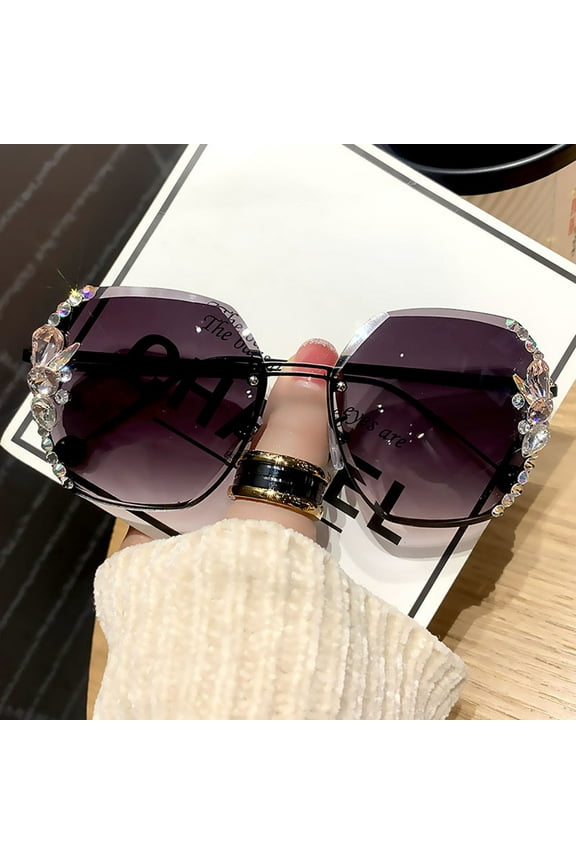 Woman Rimless Diamond Sunglasses Summer Fashion Oversized Gradient Anti-Sunglasses for Driving Travel Vacation