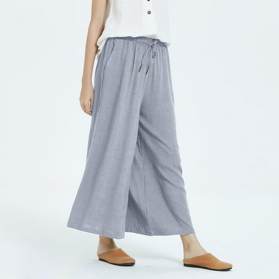 Lilgiuy Woman Solid Color Cotton And Linen Loose Casual Wide Leg Nine-Quarter Pants All Around Tummy Control Pants