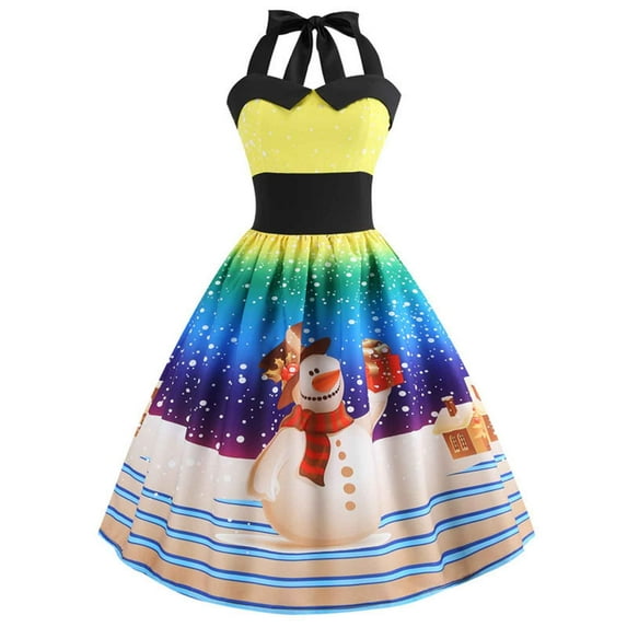 Lilgiuy Woman Temperament Halter Neck Christmas Print Narrow Waist Slim Hem Dress Fall Dresses for 2022 Spring Winter