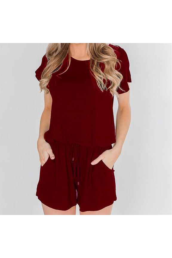 Woman's Summer Short Sleeve Solid Color Backless Casual Loose Jumpsuit