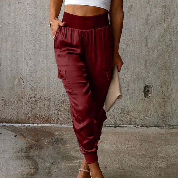 Lilgiuy Womans Loose Pocket Elastic Waist Casual Pants Lightweight Versatile Going Out Pants