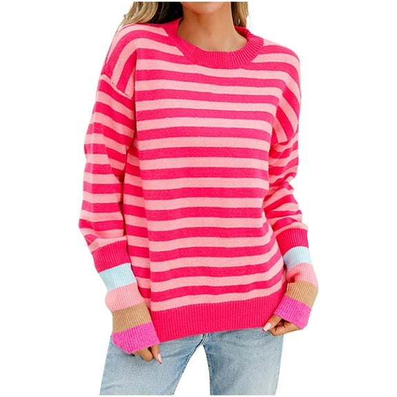 Lilgiuy Women Autumn And Winter Knit Stripe Print Crewneck Pullover Sweater,Hot Pink,4 2022 Fall Winter