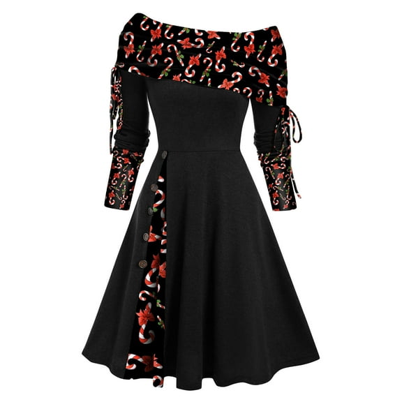 Lilgiuy Women Autumn Christmas Printing Causal Off-The-Shoulder Button Long Sleeve Vacation Dress Black Fall for 2022 Spring Winter