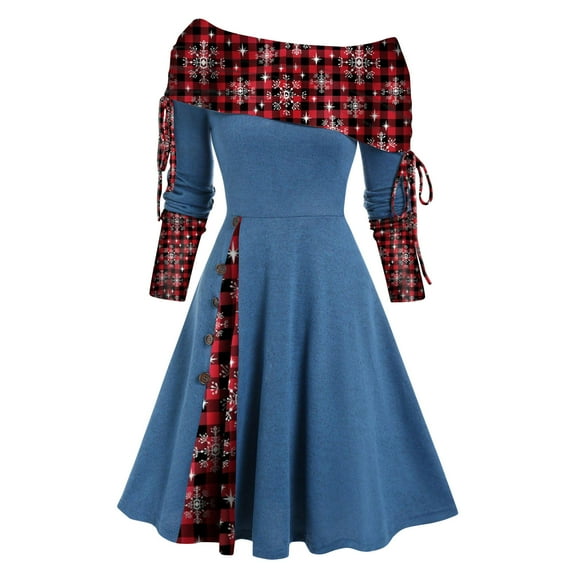 Lilgiuy Women Autumn Christmas Printing Causal Off-The-Shoulder Button Long Sleeve Vacation Dress Blue 2022 Fall Winter