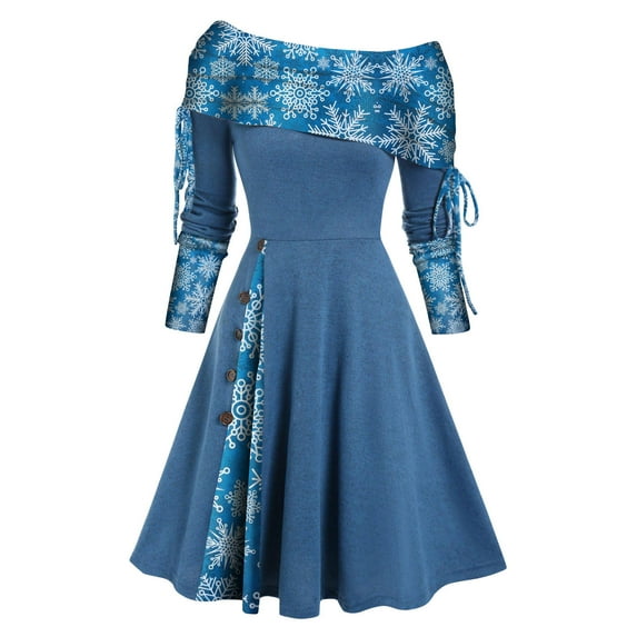 Lilgiuy Women Autumn Christmas Printing Causal Off-The-Shoulder Button Long Sleeve Vacation Dress Blue 2022 Fall Winter