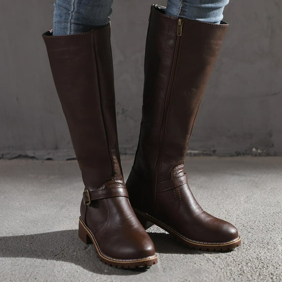 Lilgiuy Women Boots Retro Shoes Casual Thick Low-heeled Boots Plus Size Mid Calf Zipper Boots Dresses for 2022