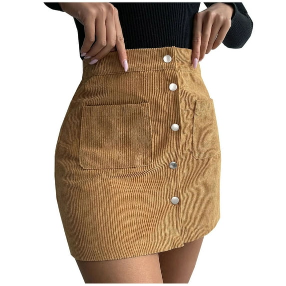 Lilgiuy Women Button Zipper High Waist Tight Solid Pocket Retro Skirt Women Pleated,Yellow,4 2022 Fall Winter