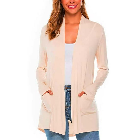 Lilgiuy Women Cardigan Up Casual Solid Color Long Sleeve Hoodeless Top,Beige,4 Fall Dresses for 2022 Spring Winter