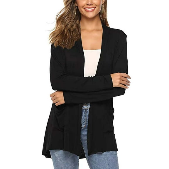 Lilgiuy Women Cardigan Up Casual Solid Color Long Sleeve Hoodeless Top，Black,10 Winter Dresses for 2022