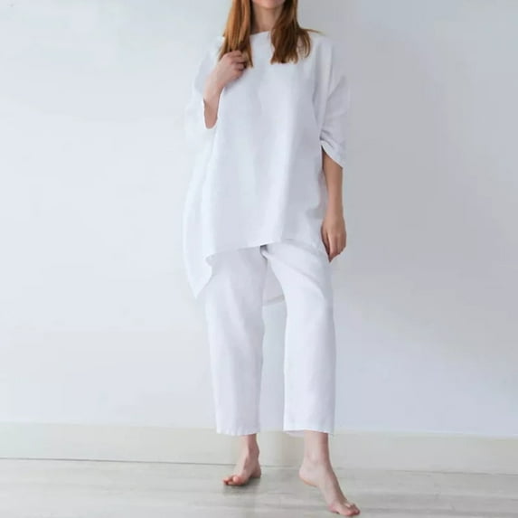 Lilgiuy Women Casual 2 Piece Outfits Three Quarter Sleeves Cotton Jute Tops Skinny Cropped Pants Round Neck Sets Trendy Slim Fit