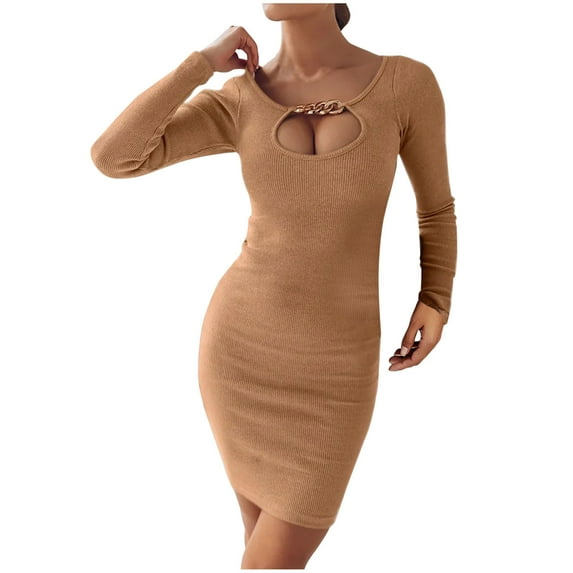 Lilgiuy Women Casual Buttocks Round-Neck Solid Slimming Long Leeve Dress Brown Fall Dresses for 2022 Spring Winter