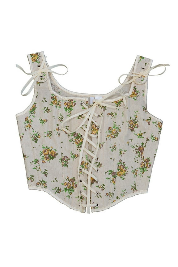 Women Casual Eyelet Lace-up Floral Print Fishbone Court Vintage Corset Straps Tank Top Yellow,10 Fall Clothes for 2022 Spring Winter