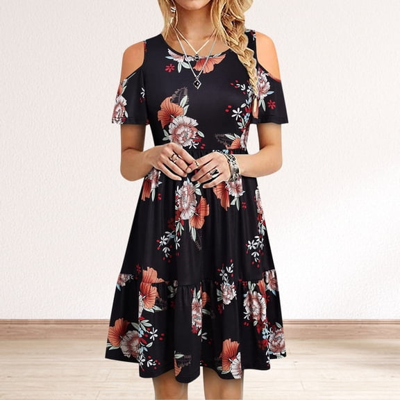 Lilgiuy Women Casual Fashion Short Sleeve Off Shoulder Ruffle Dress Oversize Tunic Dress