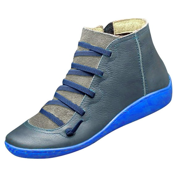 Lilgiuy Women Casual Flat Leather Retro Lace-Up shoes Side Zipper Plus Shoe shoes Blue Clearance under 5$