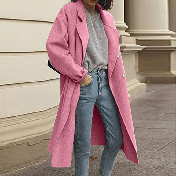 Lilgiuy Women Casual Long Sleeve Loose Solid Woolen Double Breasted Coat Pink，14（XXXL） Winter Fashion 2022