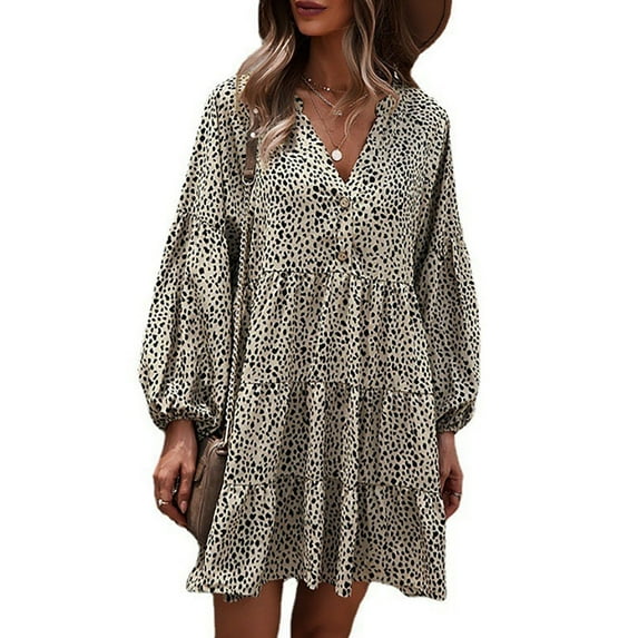 Lilgiuy Women Casual Loose Buttons Leopard Print Lantern Sleeve Printing Long Sleeve V-Neck Dress Khaki Fall for 2022 Spring Winter