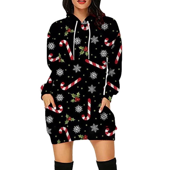 Lilgiuy Women Casual Loose Long Sleeve Printing Drawstring Hooded Dress Black Fall Dresses for 2022 Spring Winter