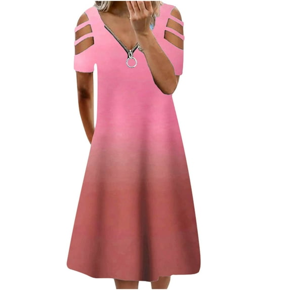 Lilgiuy Women Casual Loose Printed V-Neck Short Sleeve Hollow Out Dress