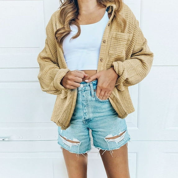 Lilgiuy Women Casual Pockets Long Sleeve Casual Solid Coat Cardigan Blouse(Khaki,4) Winter Clothes for 2022