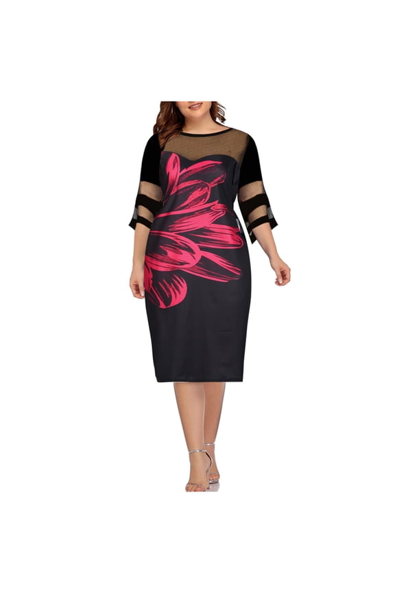 Women Casual Print Gauze Splicing Loose Three Quarter Sleeve Round Neck Dress Pink 2022 Fall Winter