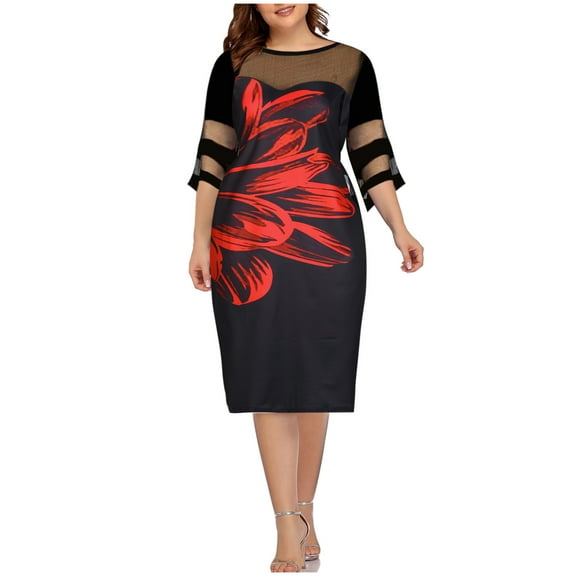 Lilgiuy Women Casual Print Gauze Splicing Loose Three Quarter Sleeve Round Neck Dress Red 2022 Fall Winter