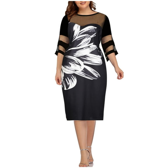 Lilgiuy Women Casual Print Gauze Splicing Loose Three Quarter Sleeve Round Neck Dress White 2022 Fall Winter