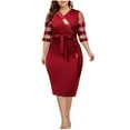 thumbnail image 1 of Lilgiuy Women Casual Print Gauze Splicing Straps Sequins Loose Three Quarter Sleeves Sleeve Round Neck Dress Red Fall for 2022 Spring Winter, 1 of 5