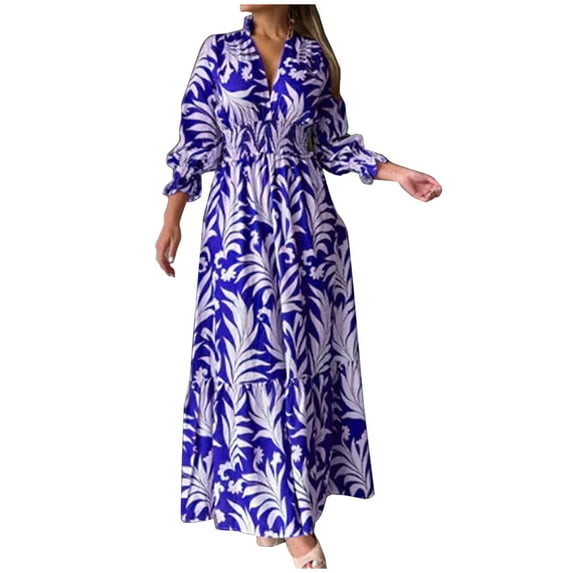Lilgiuy Women Casual Print V-Neck High Waist Long Sleeve Long Dress Blue Fall Dresses for 2022 Spring Winter