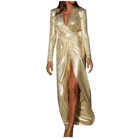 Lilgiuy Women Casual Print V-Neck High Waist Long Sleeve Long Dress Gold Fall Dresses for 2022 Spring Winter