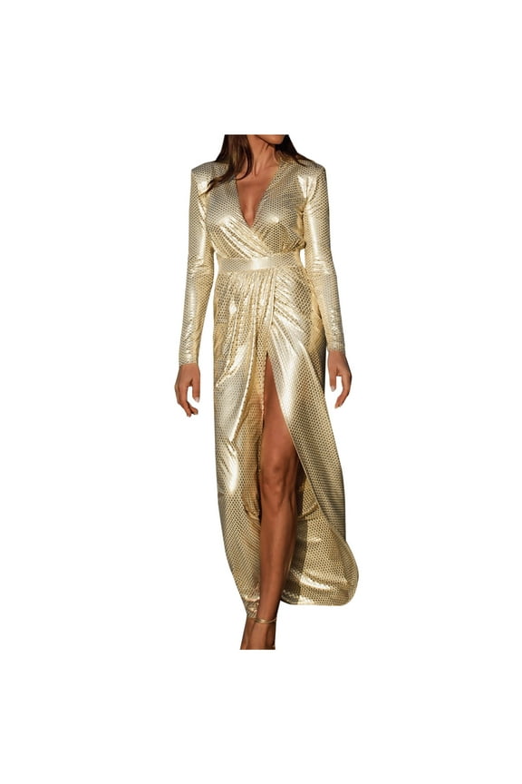 Women Casual Print V-Neck High Waist Long Sleeve Long Dress Gold Fall Dresses for 2022 Spring Winter