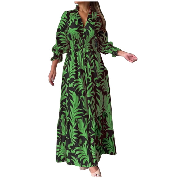 Lilgiuy Women Casual Print V-Neck High Waist Long Sleeve Long Dress Green Fall Dresses for 2022 Spring Winter