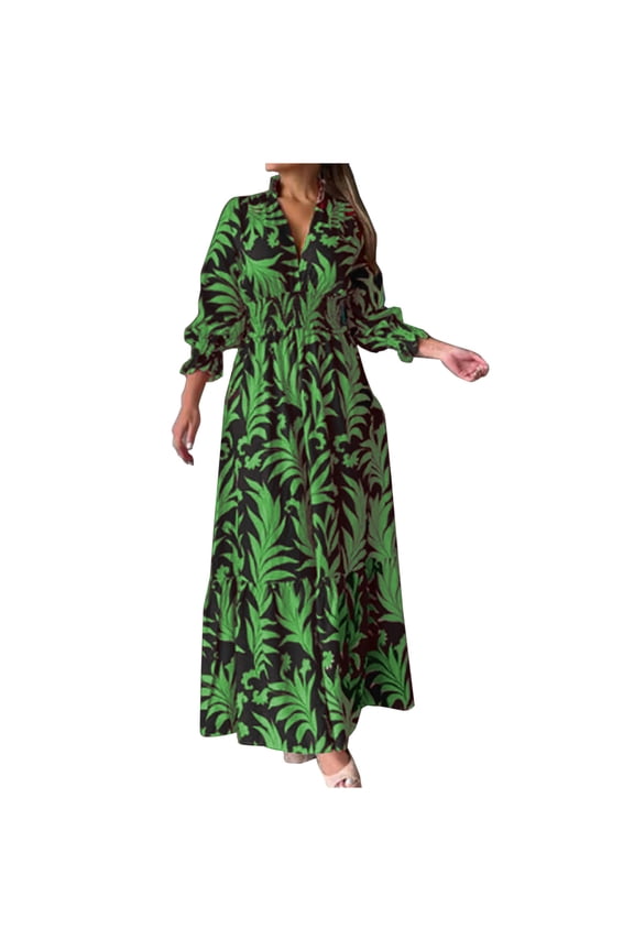 Women Casual Print V-Neck High Waist Long Sleeve Long Dress Green Fall Dresses for 2022 Spring Winter