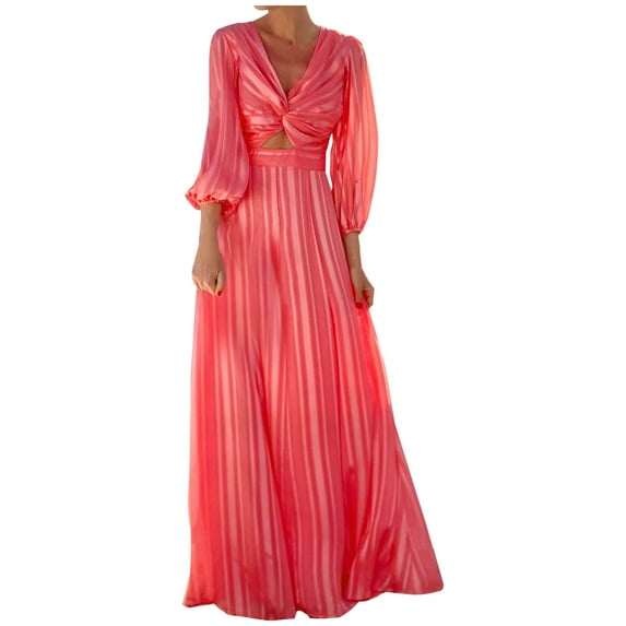 Lilgiuy Women Casual Print V-Neck High Waist Long Sleeve Long Dress Watermelon Red Fall Dresses for 2022 Spring Winter