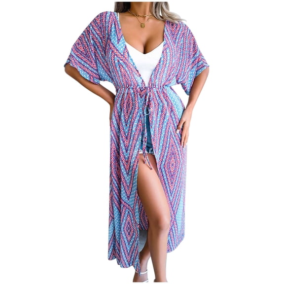 Lilgiuy Women Casual Printing Chiffon Cardigan Long Sun Shirt Beach Blouse(Blue,8) Winter Clothes for 2022