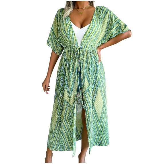 Lilgiuy Women Casual Printing Chiffon Cardigan Long Sun Shirt Beach Blouse(Green,8) Fall Fashion for 2022 Spring Winter
