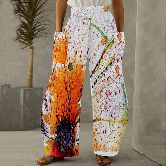 Lilgiuy Women Casual Printing Pockets Elastic Mid-Waist Comfortable Wide-Legged Loose Pants Dance Performance Pants